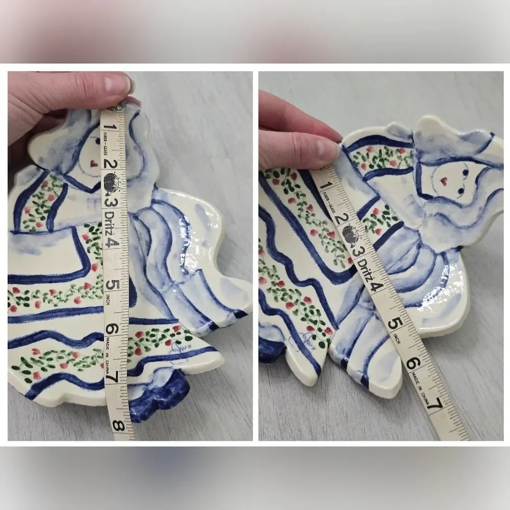 Angel Watercolor Painted Plate Dish White Blue Folk Art Pottery Signed